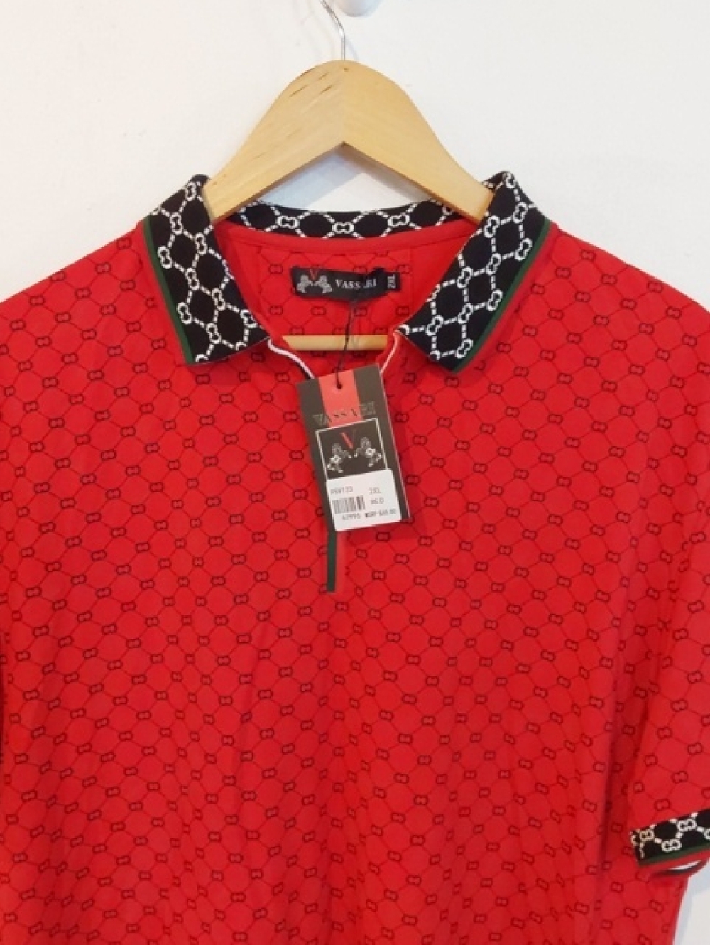 Vassari |Red Black Men's Polo Shirt Quarter Zip  Patterned Collar Preppy XL